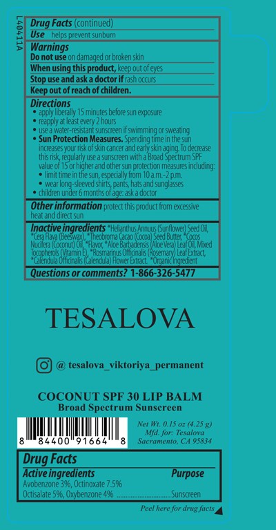 Tesalova Coconut Spf 30 Lip Balm Broad Spectrum  Sunscreen 0.15 Oz Lip Balm Label L40411a (L40411a Viktoriia Tesalova Coconut Spf 30 Broad Spectrum Sunscreen Lip Balm 2026 8 5 Ol)